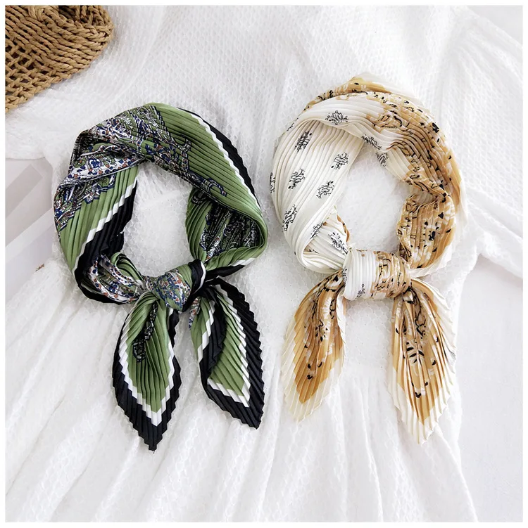 

Silk Scarf for Women Square Flower Print Crinkle Small Crumple Neck Wear Pleated Foulard Femme Bandana Handkerchief Luxury Brand