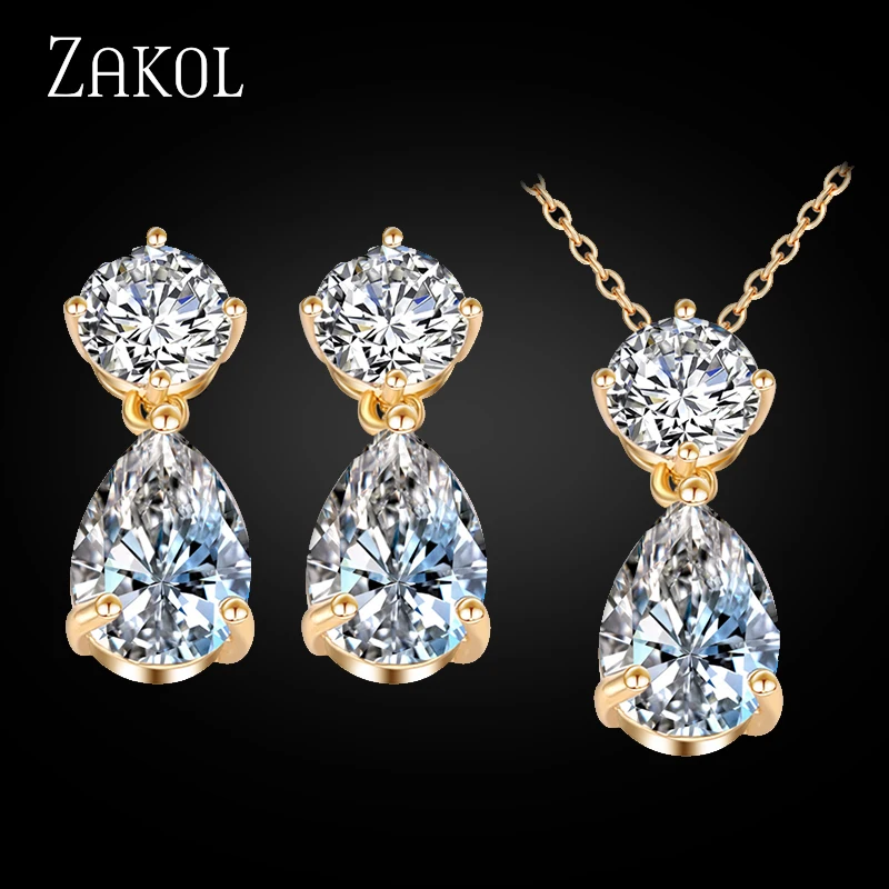 Gold Color Изящный ювелирный набор с кристаллами в виде капли воды от ZAKOL, модные ювелирные изделия белого цвета для женщин, юбилей,, FSSP272 - Окраска металла: Gold Color