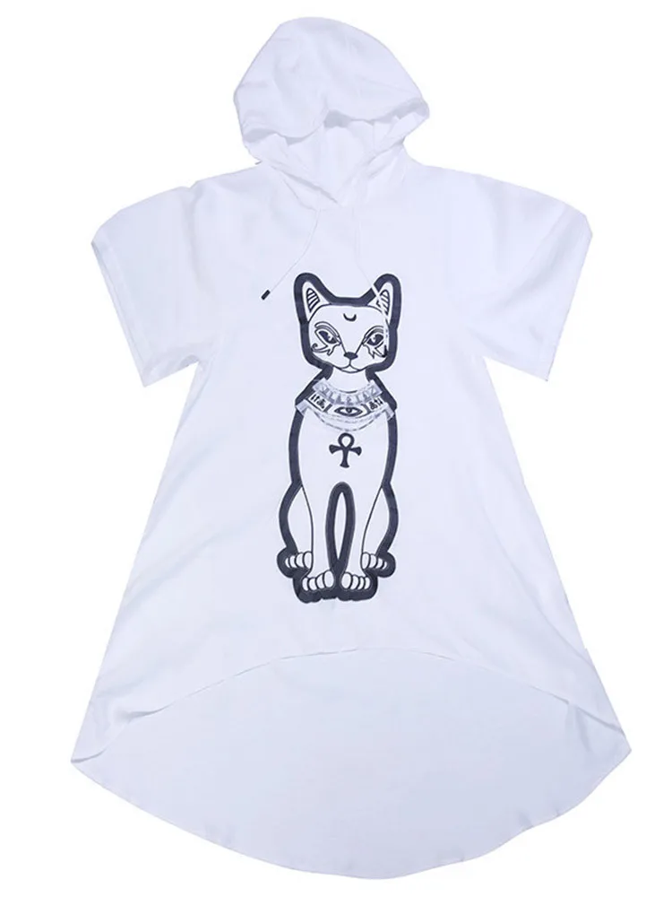 

QING MO Black White Women Drawstring Dress 2021 Newest Women Cat Printed Dress Fmale Summer Irregular Dress ZQY4546