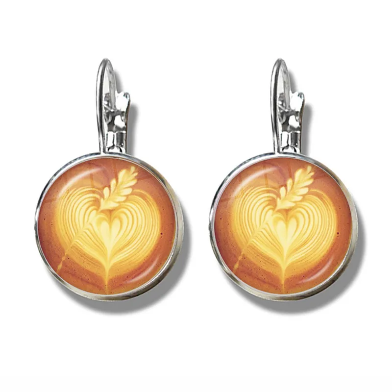 Coffee Latte Carving Love Heart Art Glass Cabochon Earrings Chocolate Printing Four Leaf Clover Cat Charm Jewelry For Women Girl | Украшения