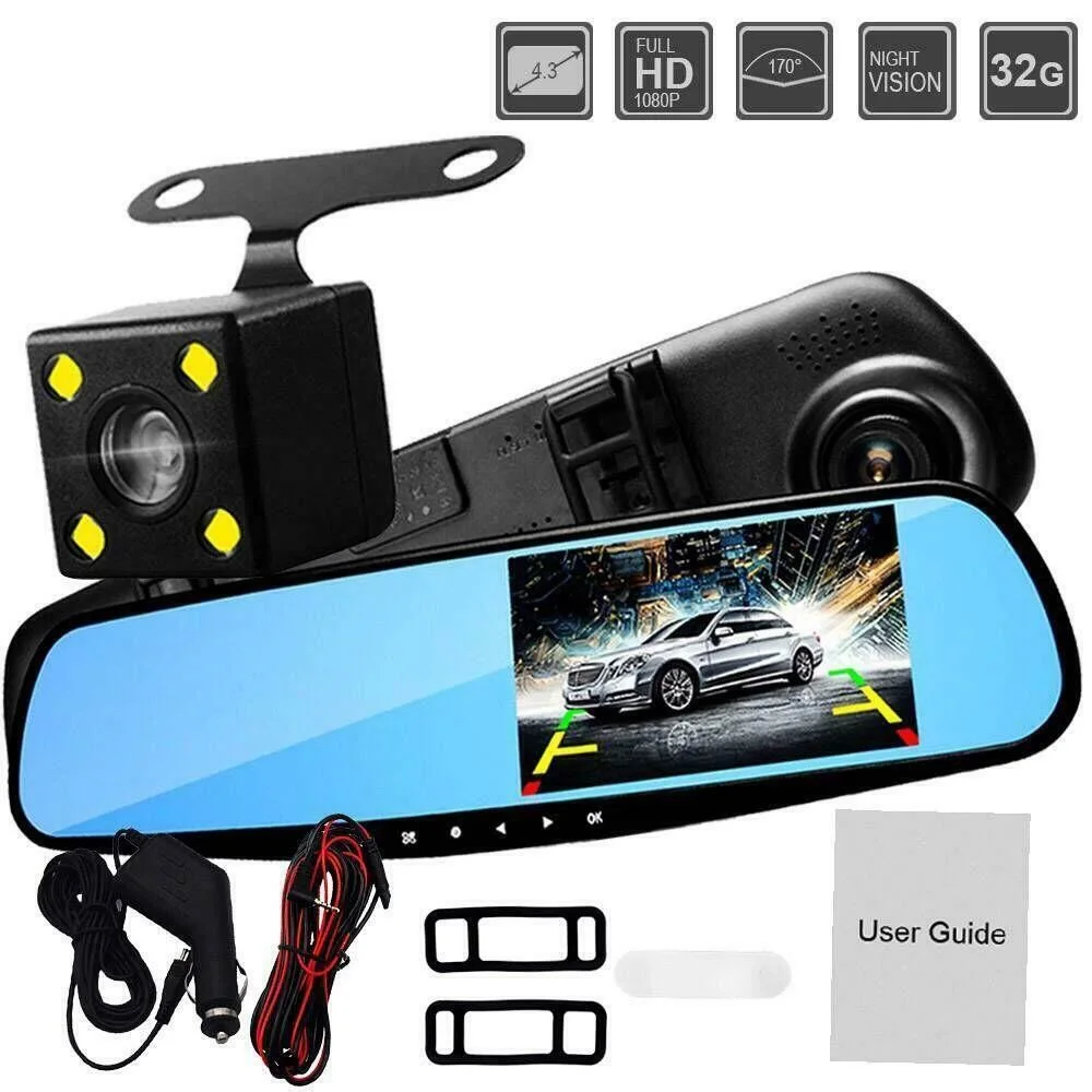 

Dual Lens Car Camera Video Recorder DVR Dash Cam 1080P Rearview Mirror Black