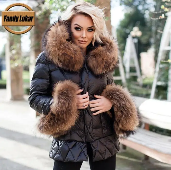 FLDJ13black brown Fandy lokar, утиный пух, куртки, женские, зимние, теплые, настоящий, большой мех енота, с капюшоном, пальто, женское, настоящий мех кролика, пуховик - Цвет: FLDJ13black brown