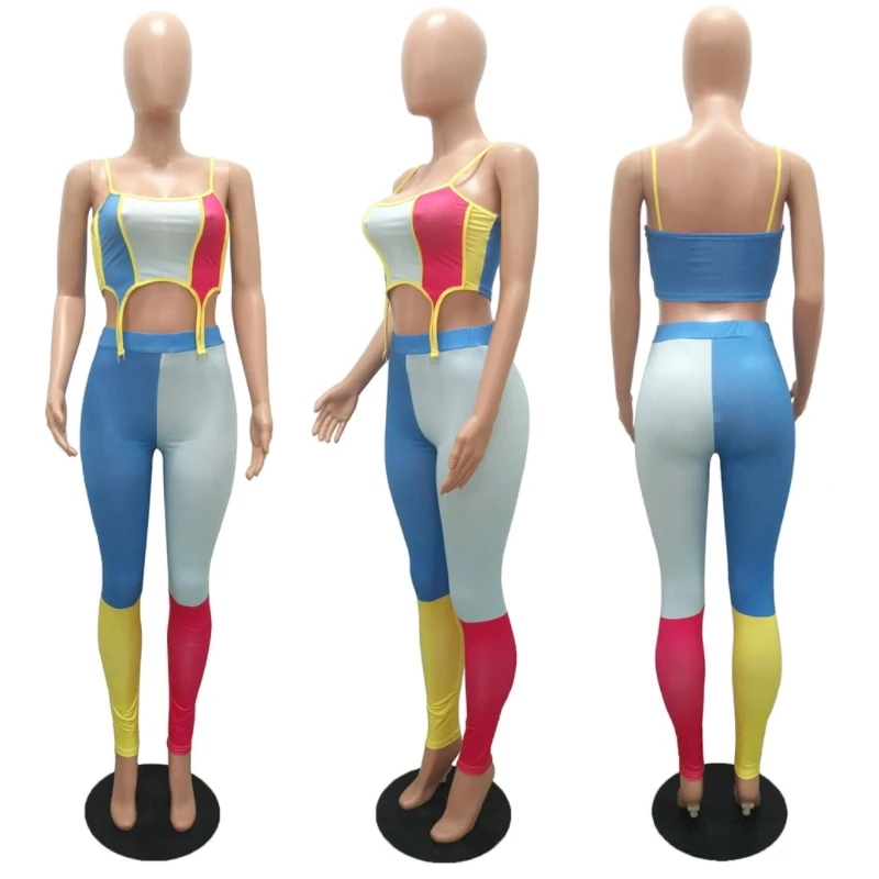 

Contrast Color Patchwork Two Piece Set Backless Spaghetti Strap Cropped Crop Top And Pants Matching Suit Sexy Casual Outfits
