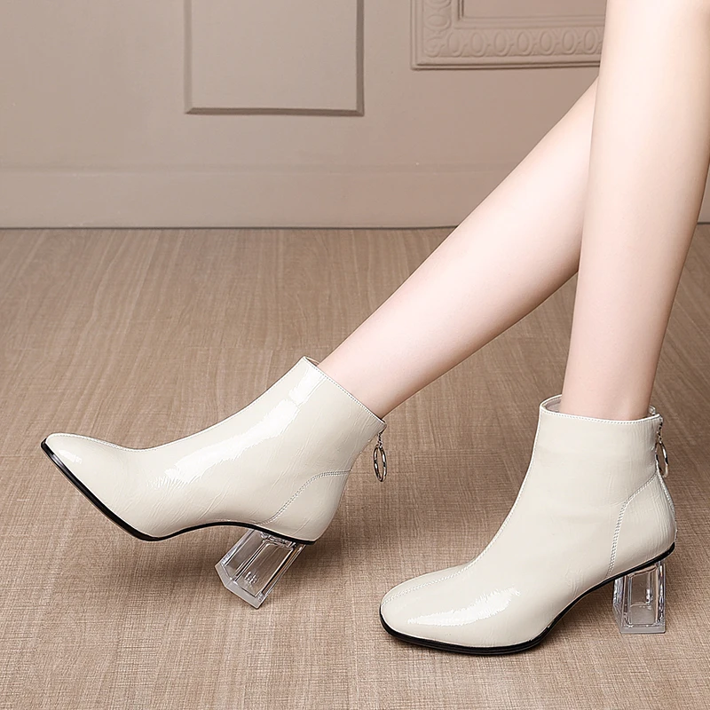 

elegant office ladies boots Genuine Leather Women Zipper Short Boots Women square Toe Basic Shoes Woman Chelsea Ankle Boots