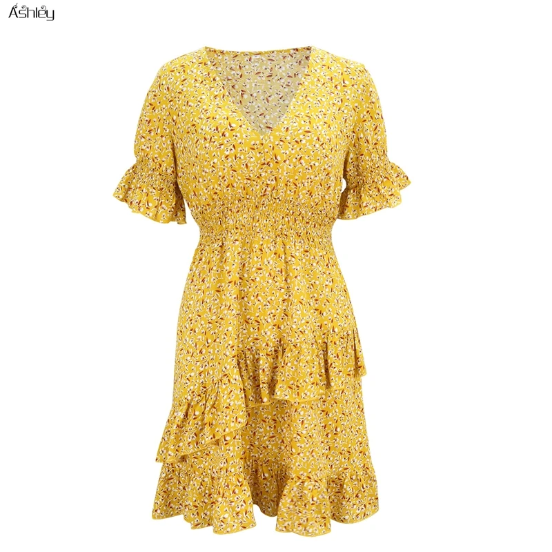 

Ashley Cotton print dress Holiday style ruffled high waist short sleeve A-line dress Elegant floral summer dress