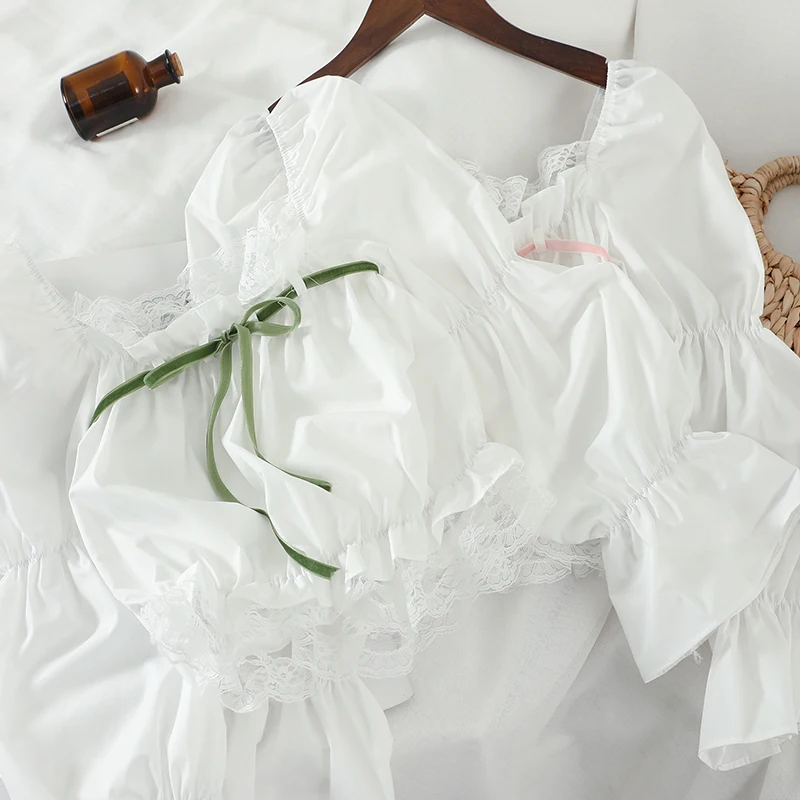 Рубашка с рюшами и кружевным бантом расклешенная рубашка рукавами-фонариками