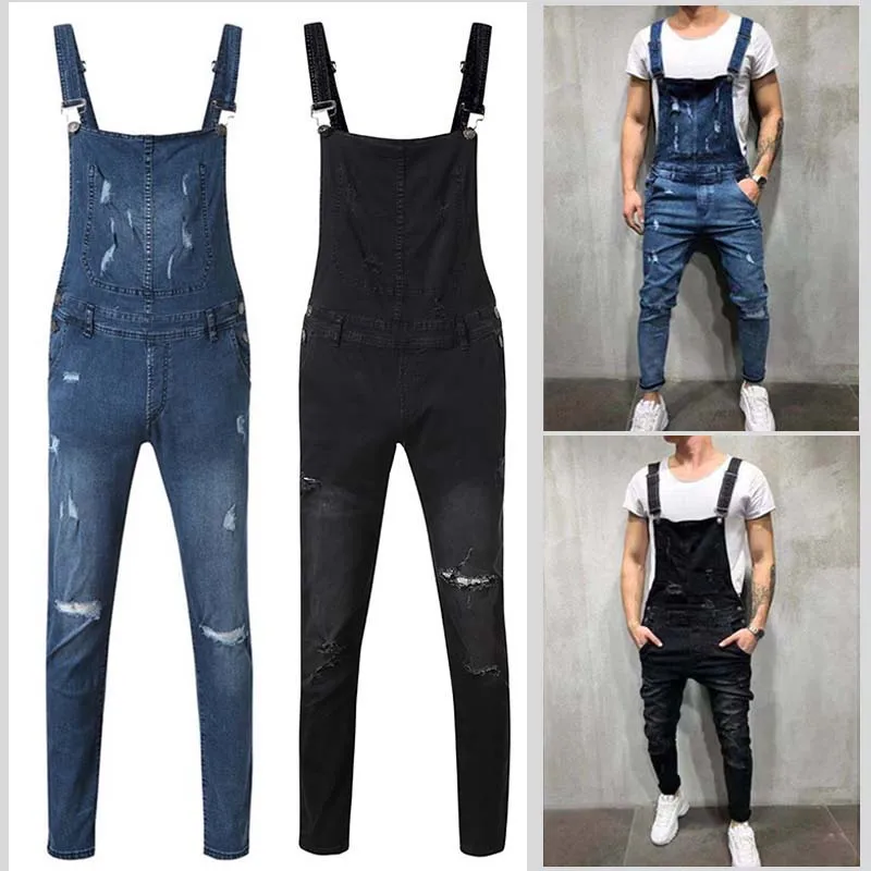 

Fashion Men's Jeans Hi Street Denim Ragged Strap Hole Suspenders New Work Clothes Jumpsuits Casual Hole Distressed Denim Bib
