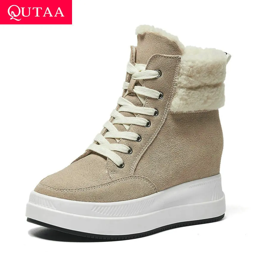 Женские ботинки на танкетке QUTAA зимние теплые меху со шнуровкой и закругленным