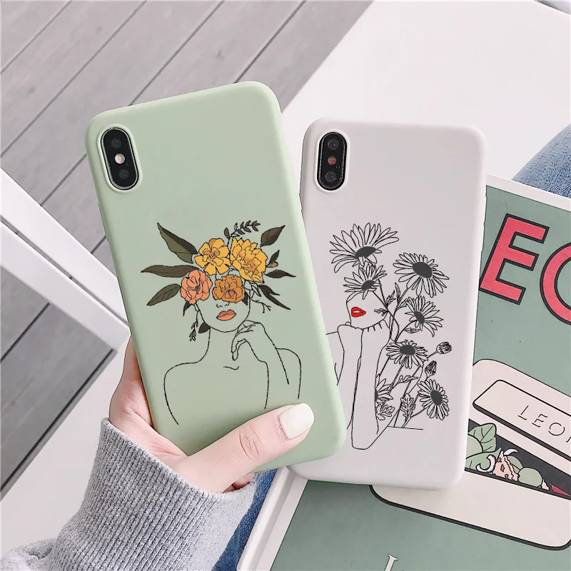 

Line Art Sketch Flower Girl Protection Anti-fall Silicone Phone Case For iPhone X XS XR 12 11 Pro MAX SE2 6s 7 8 Plus Soft Cover