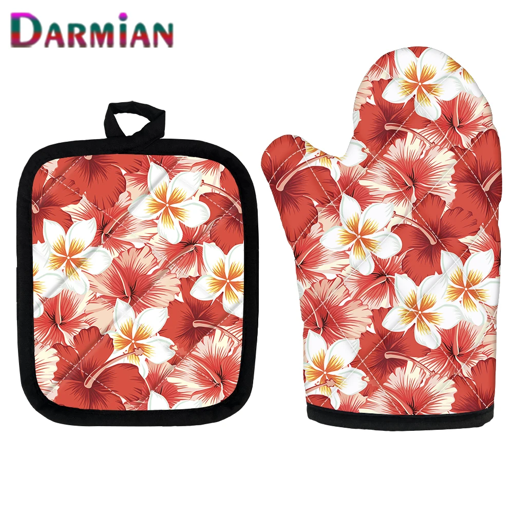 

DARMIAN 2Pcs Oven Mitt And Pot Holder Red Hibiscus Plumeria Pattern Microwave Baking Gloves Potholders Oven Mitts Kitchen Tool