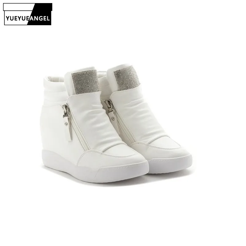 

Fashion Women Hidden Heel Wedges Zipper Diamond High Top Joggers Female Trainers Sneakers Casual Pu Leather Thick Platform Shoes