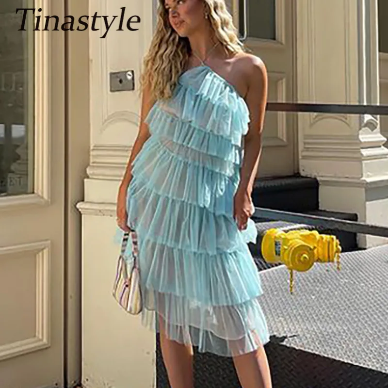 

Tinastyle Ruffles Mesh Sexy Party Dress Women Halter Sleeveless Backless Midi Club Dresses Elegant Evening Bodycon Dresses Y2K