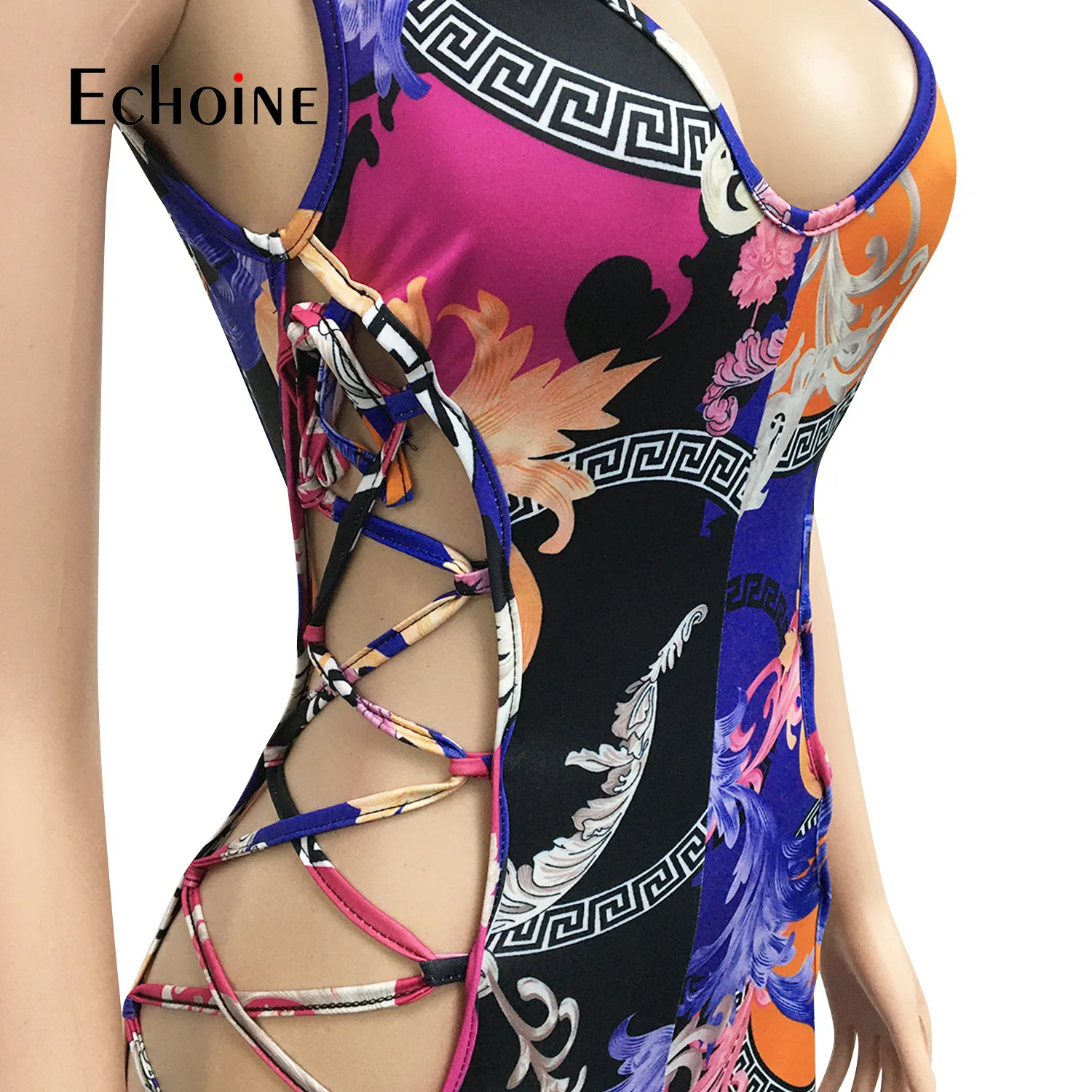 

Echoine Women Sexy Print Sleeveless Bandage Hollow Out Elastic Bodycon Jumpsuit Night Club One Piece Set Summer Fashion Outfit
