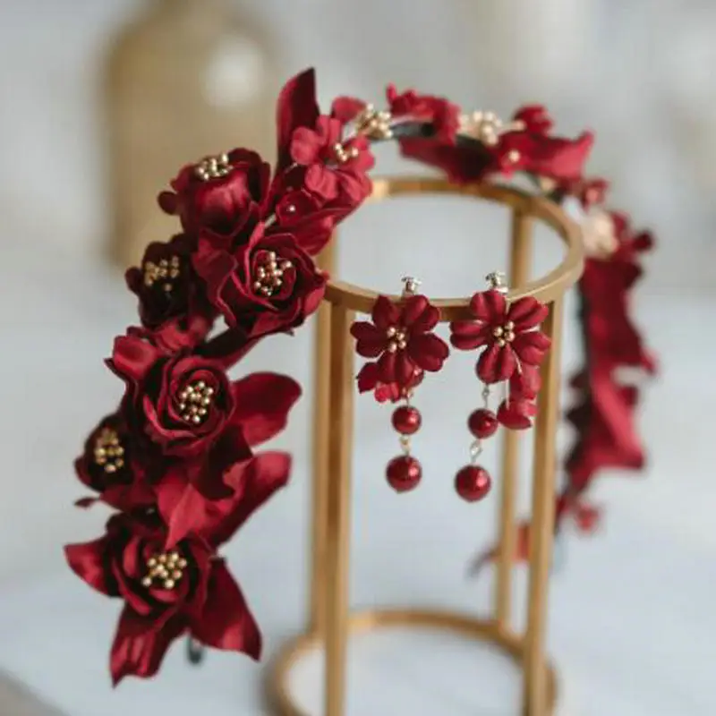 Красные цветы свадебный головной убор элегантные волосы лоза свадебные