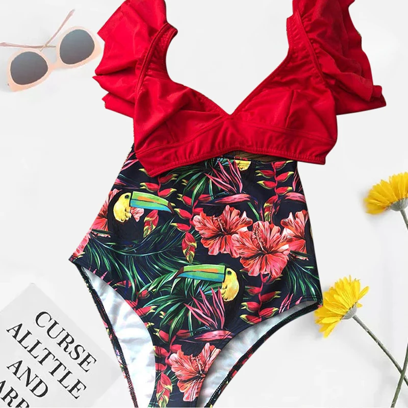 red printed2 Горячее предложение, сексуальный комплект бикини, с открытыми плечами, с принтом, с оборками, бикини, Mujer, новинка, купальник для женщин, купальник, бразильские стринги, бикини, пуш-ап - Цвет: red printed2