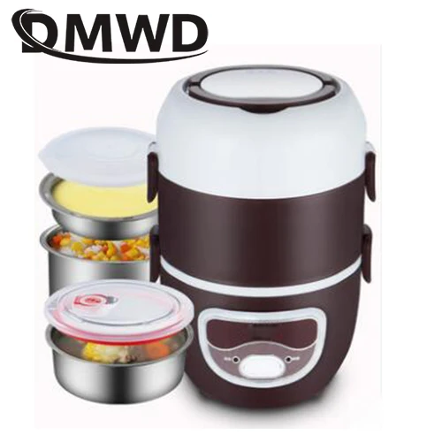brown three layers DMWD, Мини электрическая рисоварка из нержавеющей стали, 2/3 слоев, пароварка для еды, нагреватель, термоподогрев, Ланч-бокс, контейнер для еды, грелка, ЕС - Цвет: brown three layers