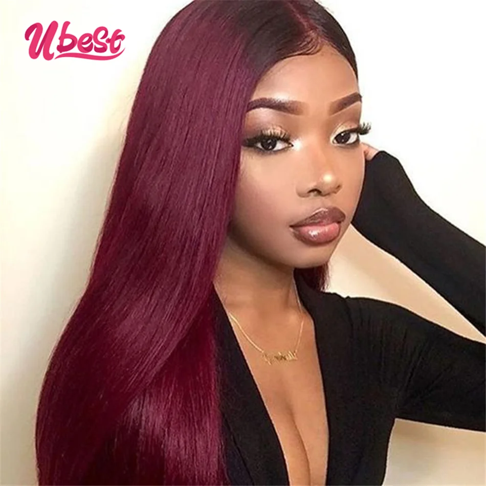 Ubest 1B 99J Straight Lace Front Human Hair Wig Brazilian Colored Human Hair Wigs Virgin Transparent Lace Wigs 180% Density