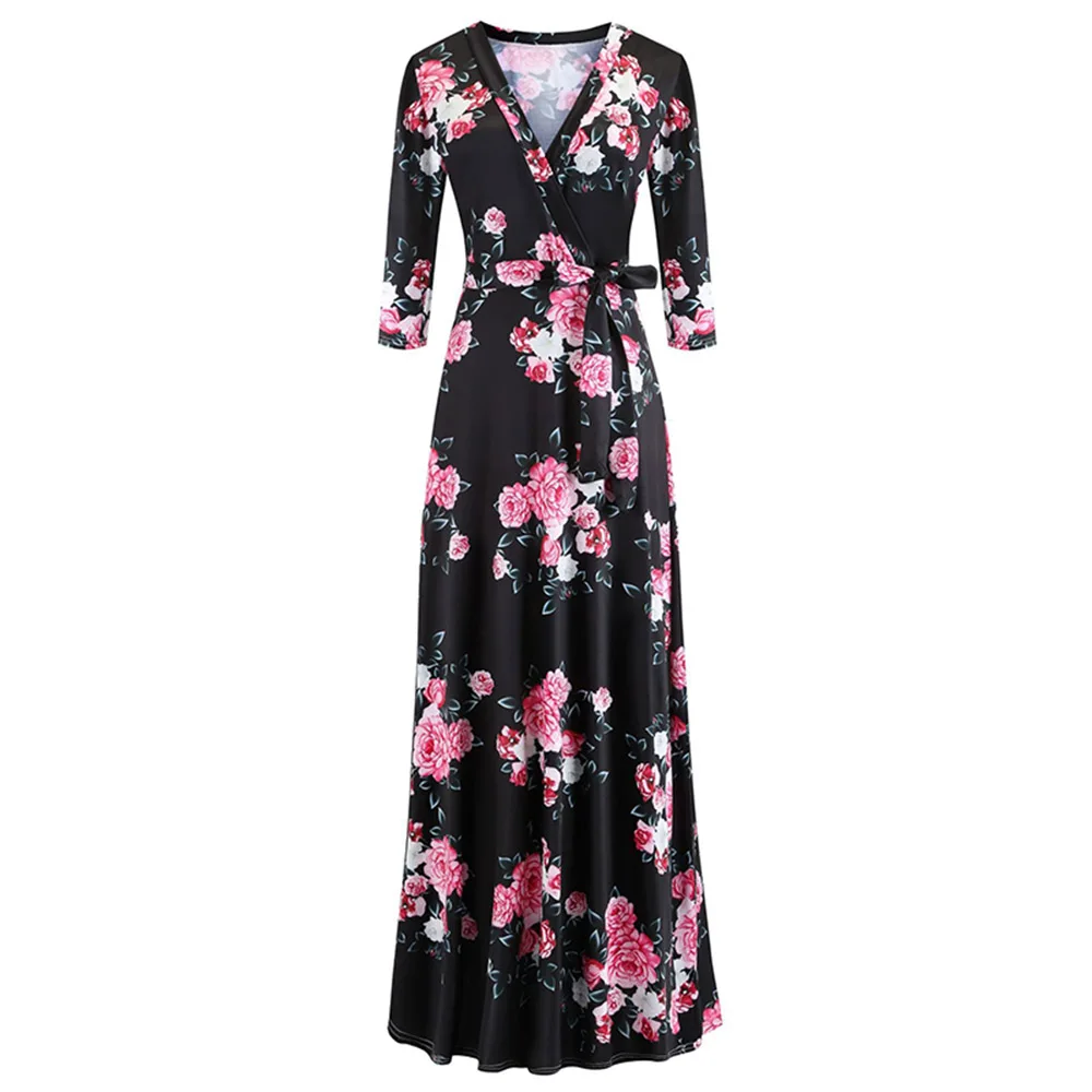 

Floral Print Women High Waist Long Dress 2020 Autumn African Retro Casual Large Size Maxi Dress Femme Vestiods Lace Up Dress