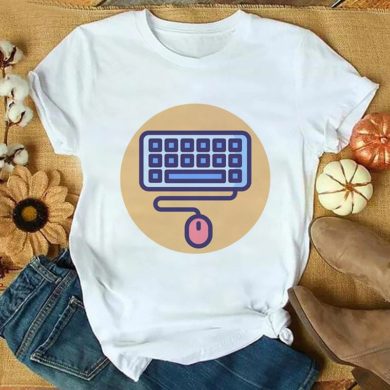 

Kawaii Keyboard Cartoon Graphics Printed Tshirt O-neck short sleeve Female tees Ulzzang Harajuku Summer t shirt women