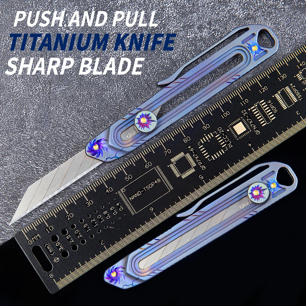 Titanium alloy push-pull telescopic knife outdoor emergency cutting knife hand-carved pattern high-end utility knife gift knife