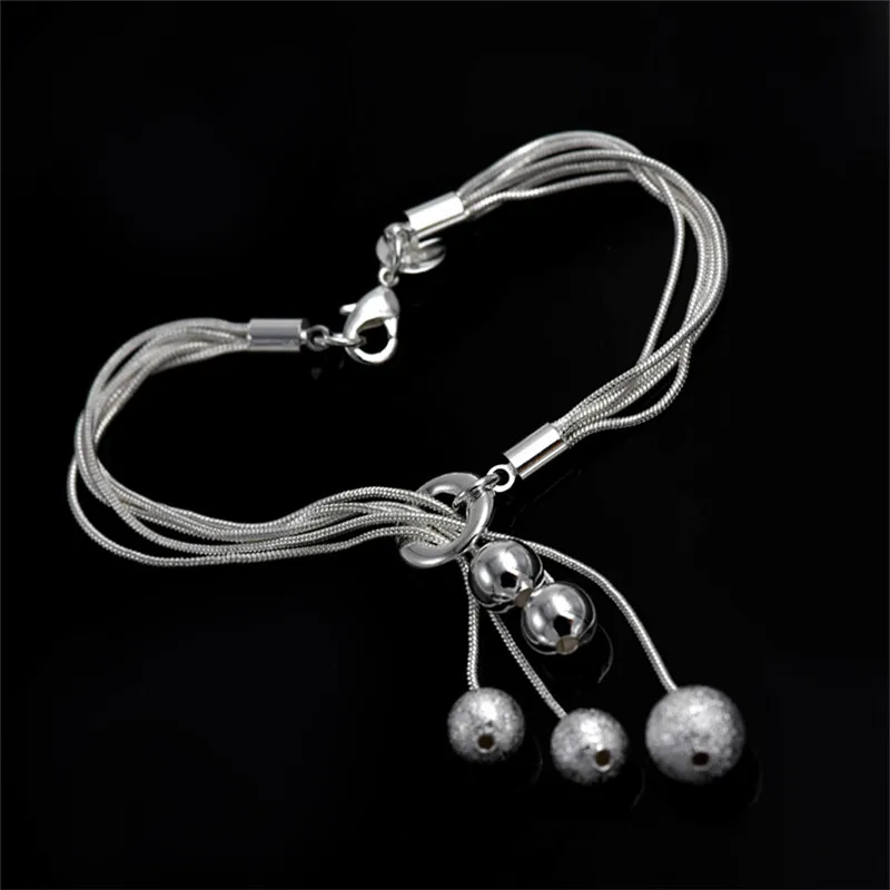 

925 Sterling Silver Tassel Round Bead Charm Bracelet &Bangle For Women Girls Punk Jewelry Pulseras Mujer sl258