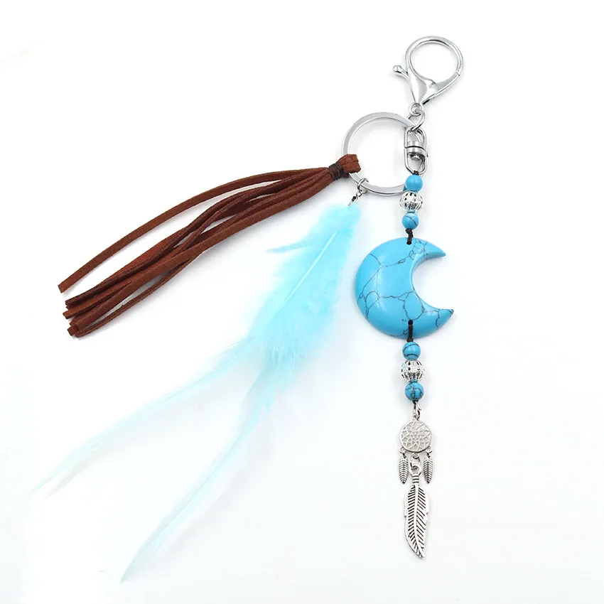 FYSL Посеребренная цепочка для ключей с круглым полумесяцем кисточками перьями