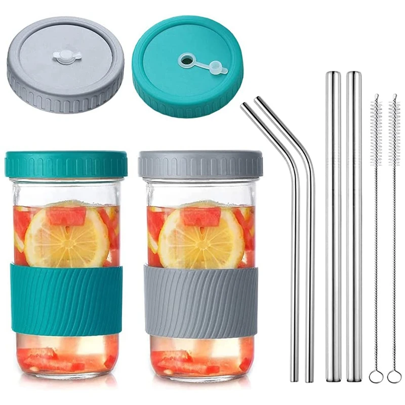

2 Pack 22 Oz Reusable Smoothie Cups Boba Tea Cups, Wide Mouth Mason Jar Lids With Straw Hole, Including Straws & Brushes
