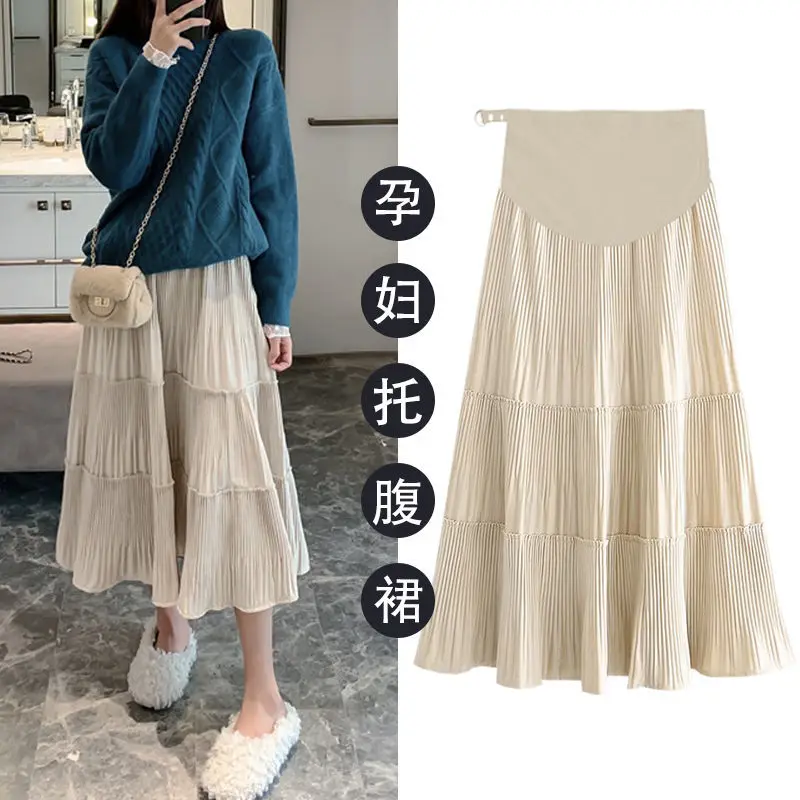 

2021 Pregnant Women's Skirts Plus Size Autumn Solid Color Pleated Skirts Maternity Belly Sign Pregnant Women Clothes