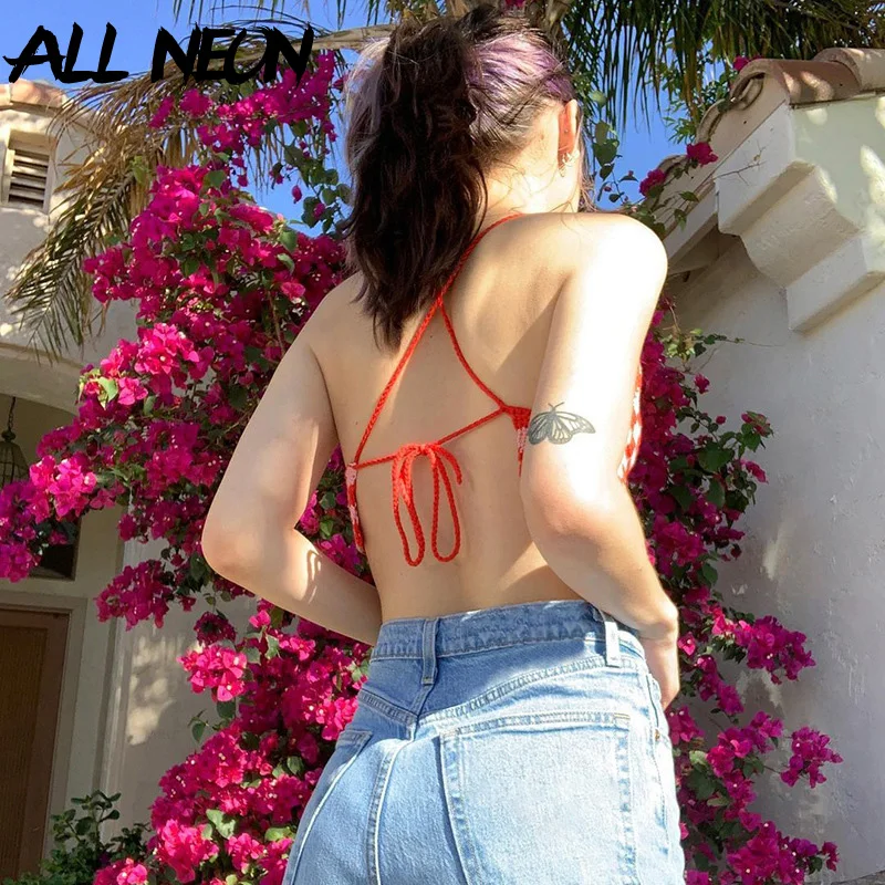 

ALLNeon Summer Y2K Fashion Red Plaid Crochet Tops 2000s Streetwear V-neck Backless Knitted Vests Sexy Cross Lace-up Crop Top