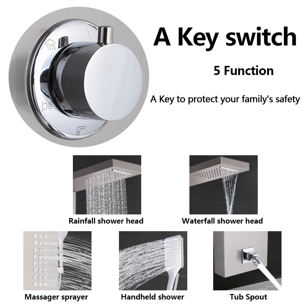 

Shower Panel Tower System 5 in 1 Multi-Function Shower Panel with Spout Rainfall Waterfall Massage Jets Tub Spout Hand Shower