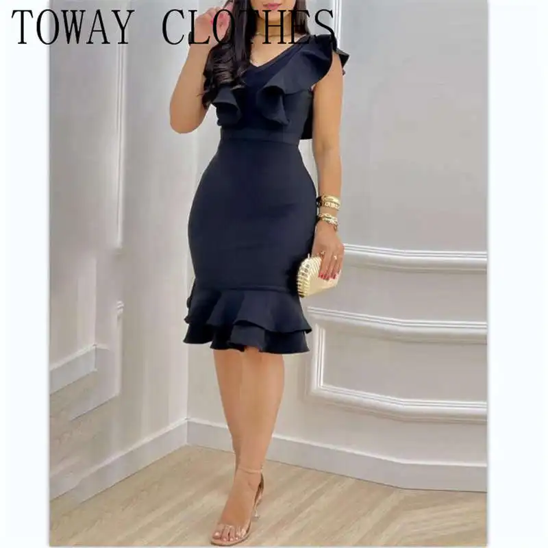 

Women Solid Sexy Flying Sleeves Cascading Ruffle Bodycon Formal Party Dresses