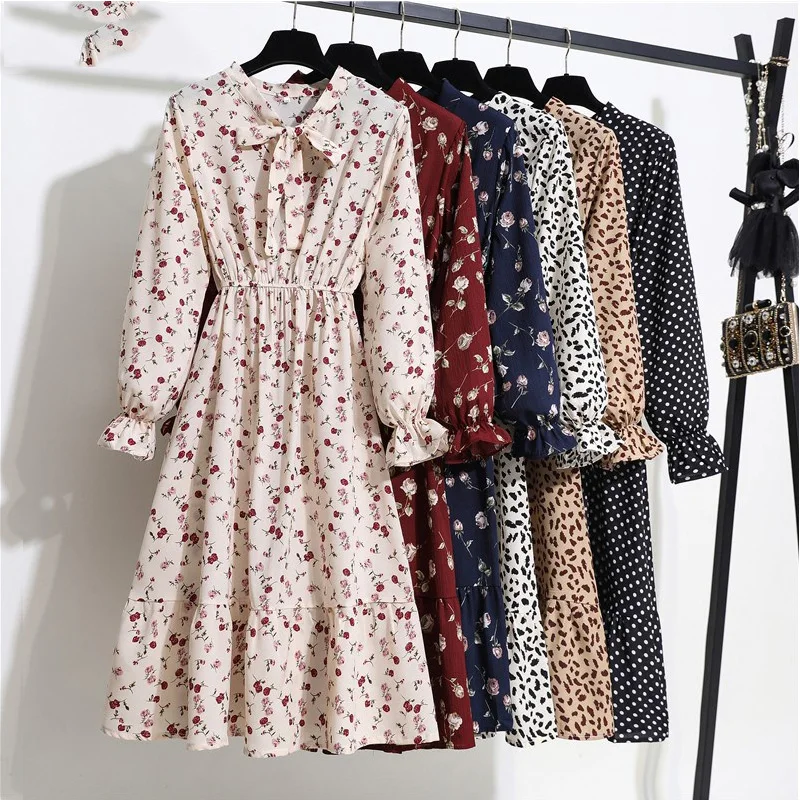 

New Chiffon Autumn Dress Women's Bow Spring Small Floral Long Sleeve Polka Elastic Waist Leopard Vintage Pleated Collar Vestidos