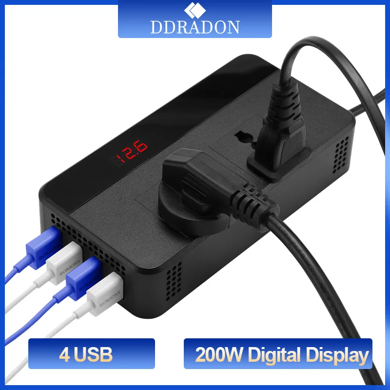 200W Converter 12V to 220V with Digital Display Car Power Inverter with two Universal Socket 4 USB Adapter Modified Sine Wave