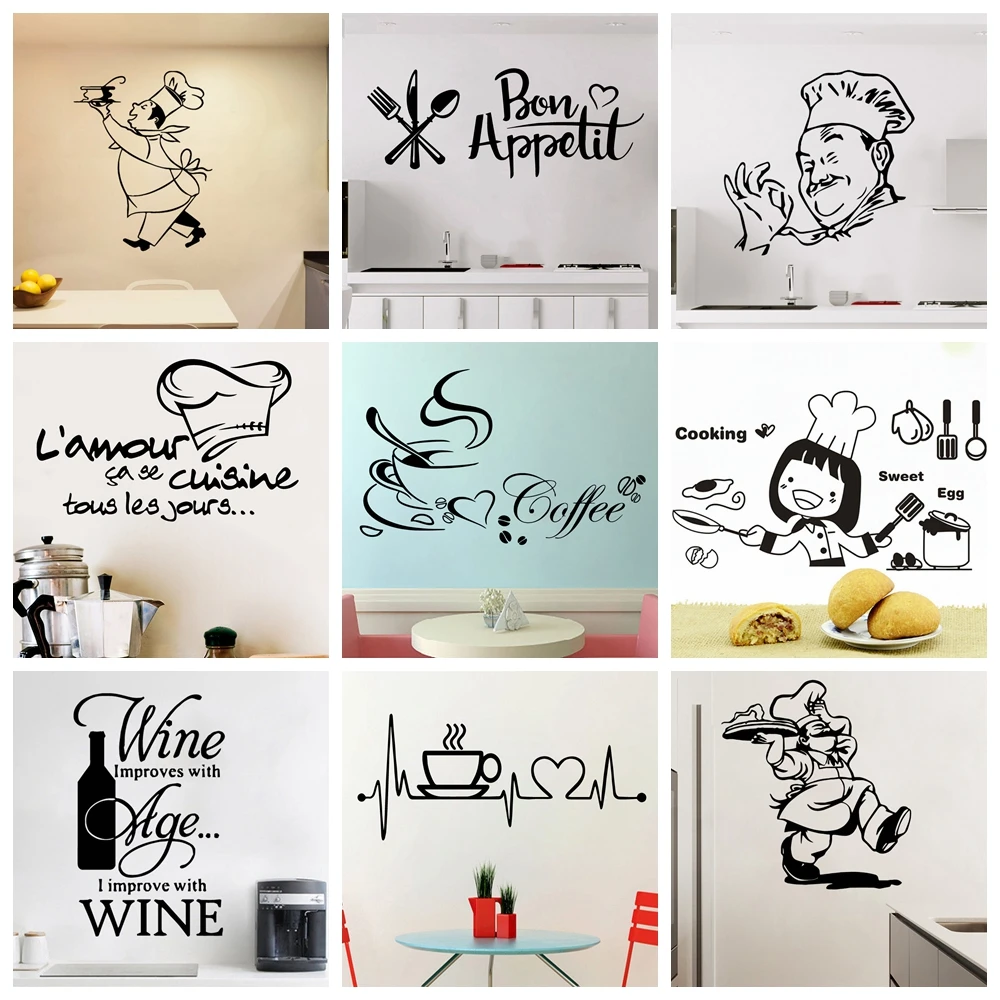 

New Kitchen Wall Sticker For Home Decor Dining Room Decoration Cuisine/Wine/Coffee Vinyl Wall Decals Stickers Mural Muursticker