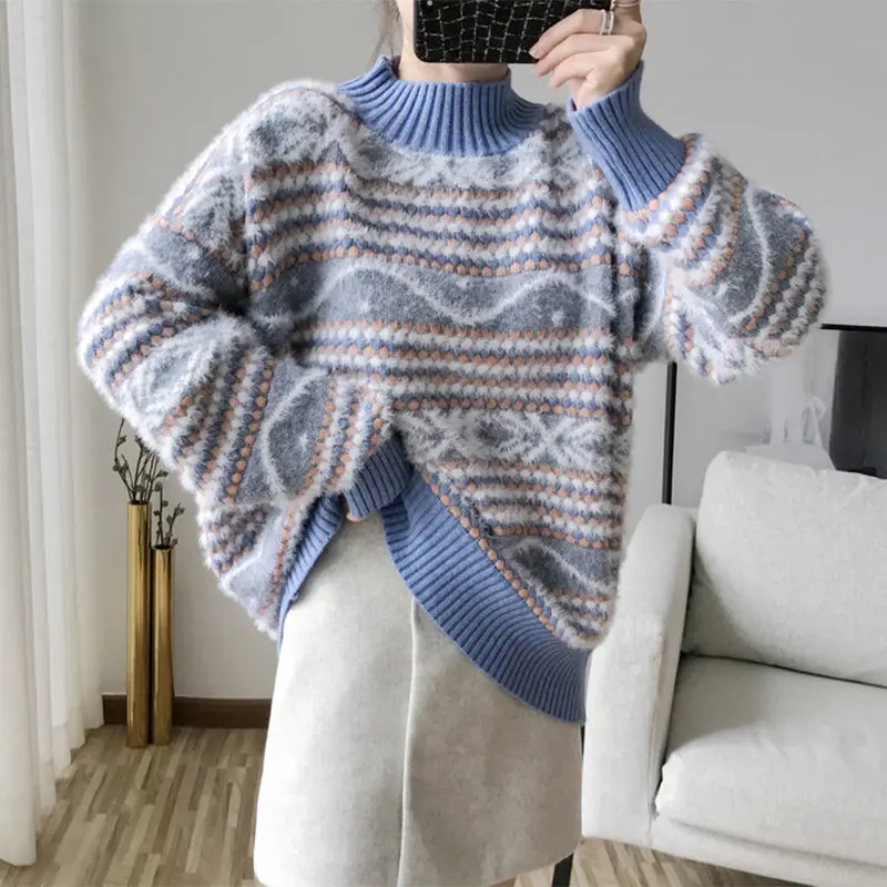 

WenQing Mink Velvet Sweater Female Thick New Student Korean Loose Autumn And Winter Wear Small Fresh Half Turtleneck Sweater