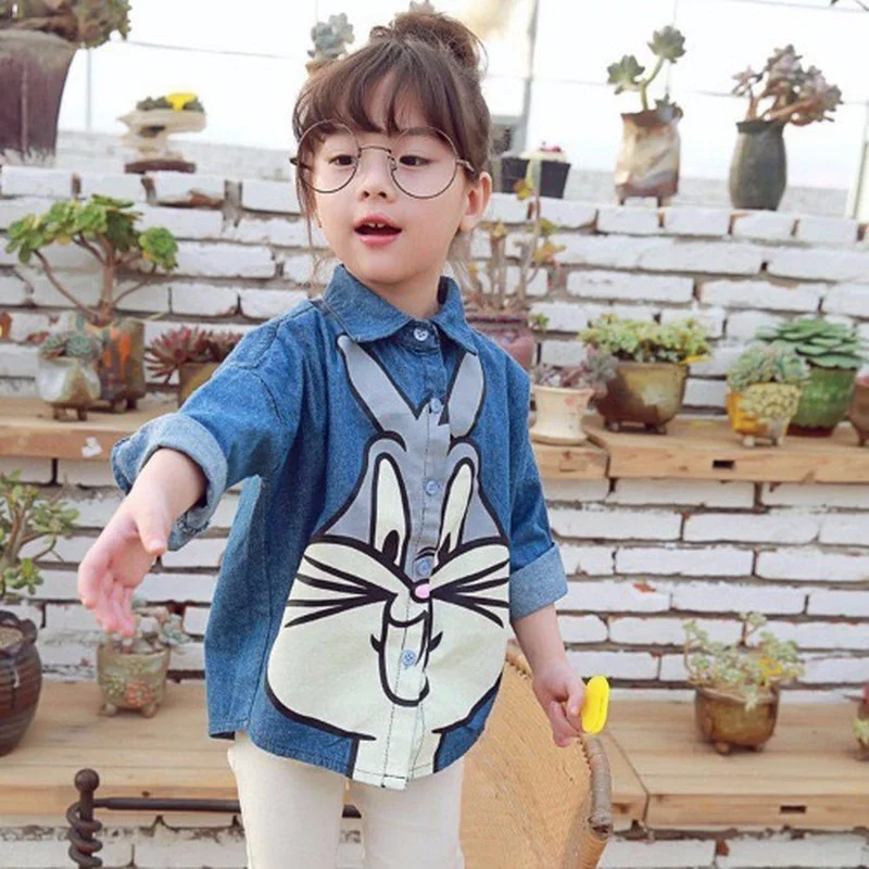 

Girls Spring 2021 Fashion Children's Clothing Cute Rabbit Washed Denim Baby Long-Sleeved Kids Shirt GC01