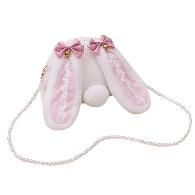 

U90E Kids Girls Cute Plush Rabbit Lop Ears Satchel Crossbody Bag Doll Toys Japanese Lolita Kawaii Bunny Tail Bow Bells Handbag