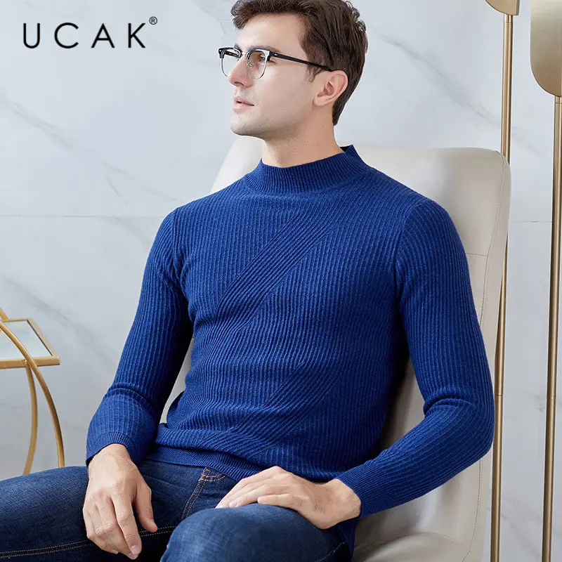 UCAK бренд мериносовой шерстяной мужской свитер уличная Slim Fit Pull Homme Осень Зима Водолазка свитера кашемировый пуловер для мужчин U3046