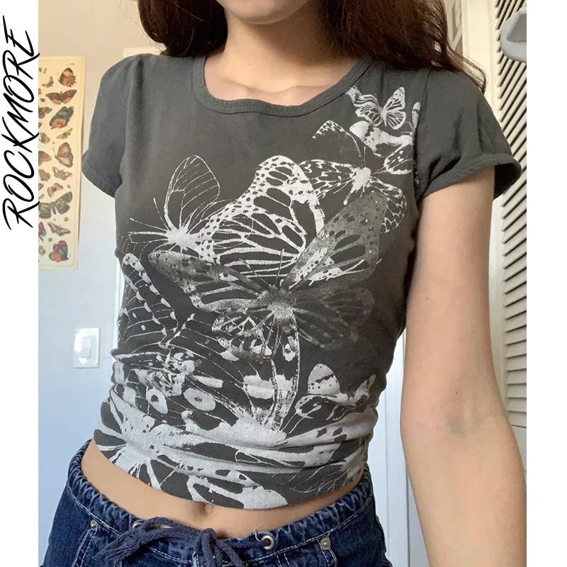

Rockmore Vintage Print Crop Top Summer Y2K Butterfly Short Sleeve T-Shirt Casual Graphics Tees Women Korean Fairy Grunge Clothes