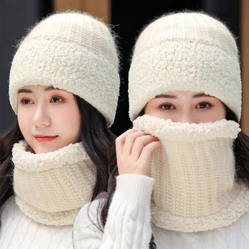 

New Hat & Scarf Set Women Winter Hats Add High Quality Fur Lined Warm Knitted Hat For Female Keep Face Warmer Cap