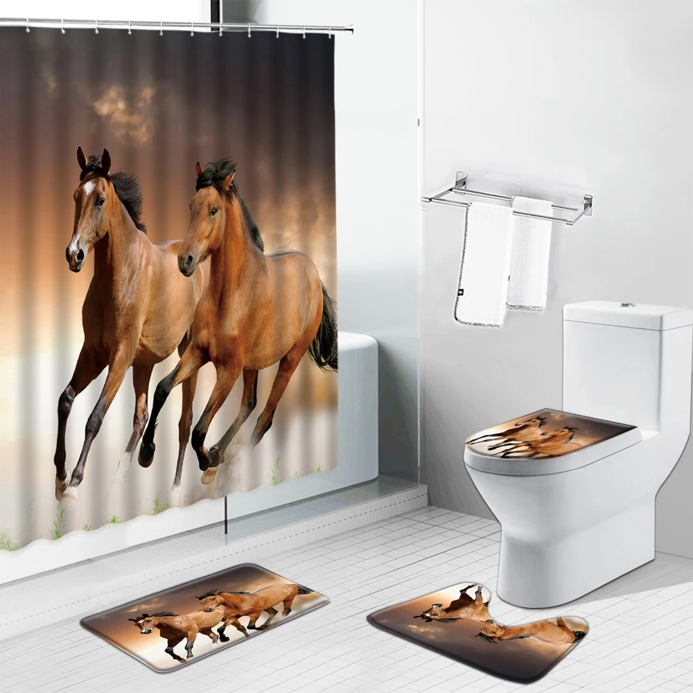 

Running Horse Farm Animal Shower Curtain Bathroom Set Anti-Slip Flannel Bathing Mat Doormat Toilet Lid Cover Home Kitchen Carpet