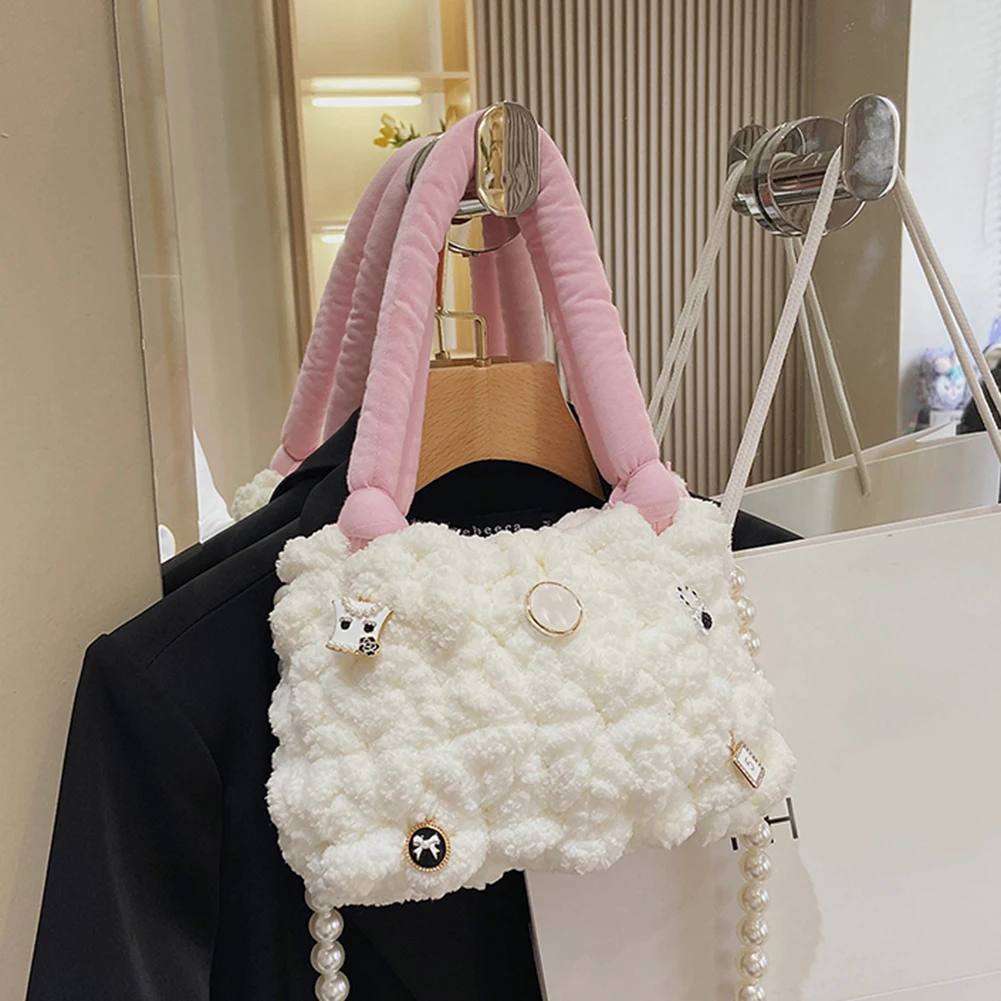 

Women Hit Color Knit Shoulder Bag Pearl Chain Crossbody Bags Small Cloud Purse Women Fashionable Decoration