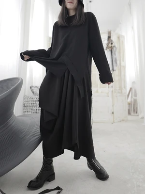 Женская Асимметричная толстовка черная свободная с круглым вырезом и длинным