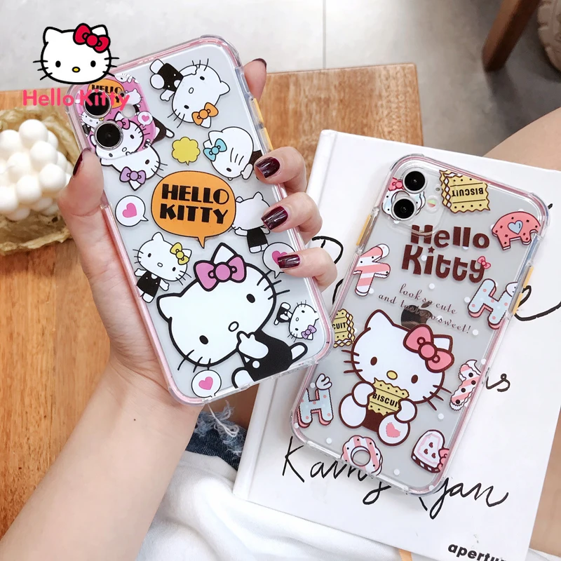 

HelloKitty for IPhone 7/8P/X/XR/XS/XSMAX/11/12Pro/12mini Cute Contrast Color Frame Drop-proof Transparent Soft Shell