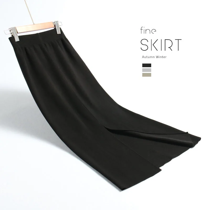 Черный INNASOFAN knitted skirt Women's Autumn-winter sexy high waist skirt Fashionable high-end chic long solid skirt - Цвет: Черный
