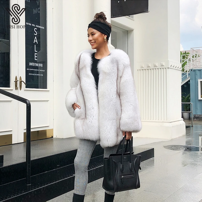 

2020 New Collection Real Fox Fur Coat Saga Fur Long Winter Warm Overcoat Whole Splice Topcoat VS4009