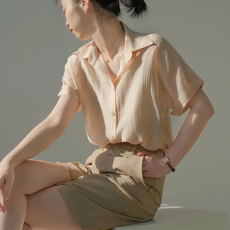 

Summer thin short-sleeved sky silk top niche designer women's silk shirt girl