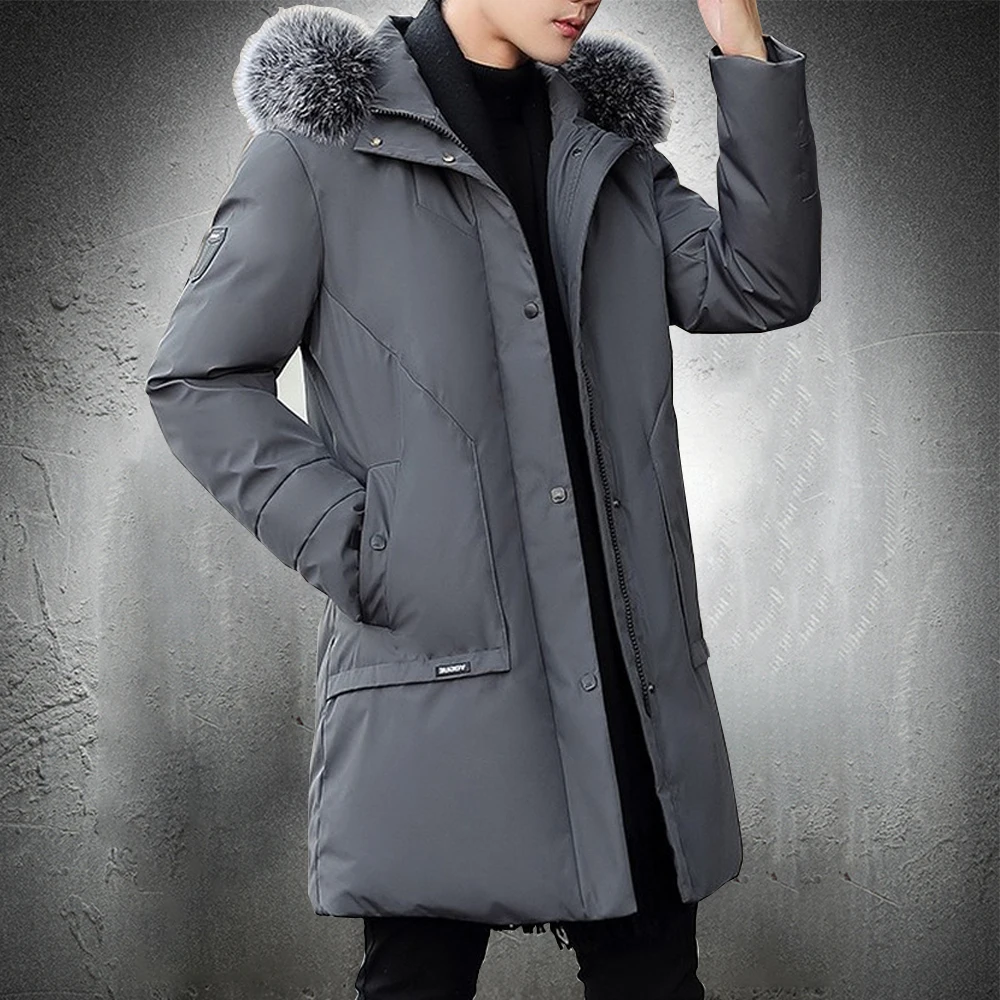 

Chaquetas Para Hombre Men Down Jacket White Duck Winter Casual Coat Long Jacket Men Solid Color Fur Collar Overcoat 2021