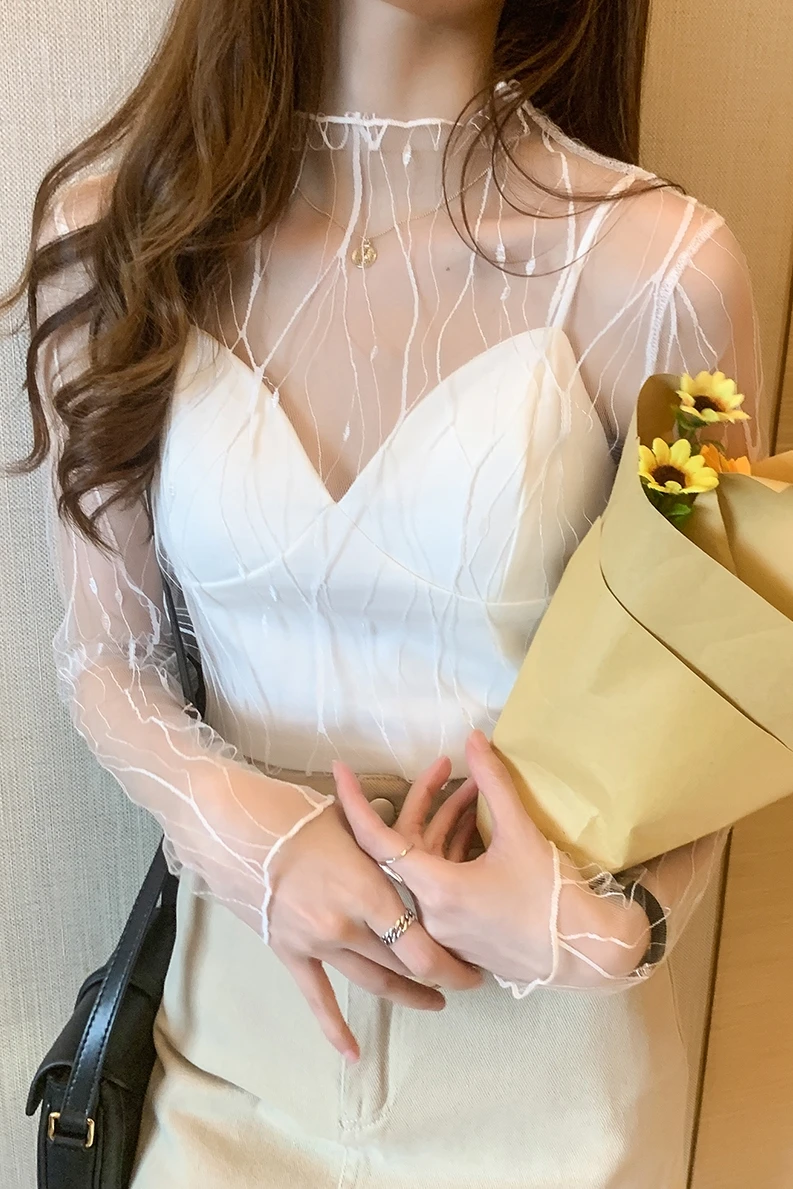 

COIGARSAM 3XL Plus Size Sexy Lace blouse women New blusas womens tops and blouses Black Apricot White 1328