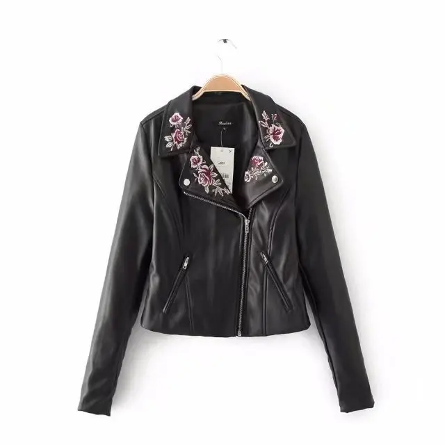 

Ladies autumn/winter embroidered flower case leather jacket 2021 new fashion street outerwear
